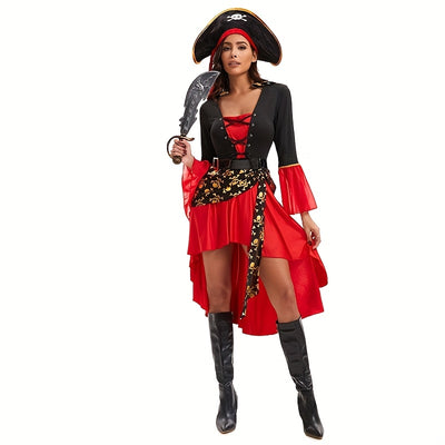 Halloween Costume Makeup Dance Red Pirate Dress Adult Women's Halloween Carnival Pirate Performance Clothes + Belt + Hat