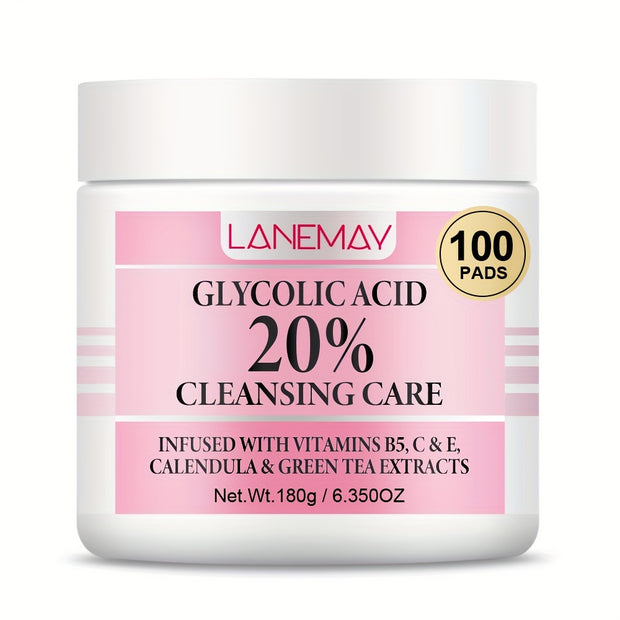LANEMAV Glycolic Acid Facial Cleansing Pads | 100 Count | Hypoallergenic, Infused with Vitamin B5 & E, Calendula & Green Tea Extracts | Deep Pore Unclogging & Oil Control | Suitable for Sensitive Light Beige | Minty Fresh Sce