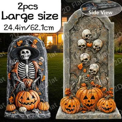 2D Flat 2pcs Large Halloween Tombstone Decor with Design - Durable Plastic Outdoor Lawn Decoration, Skull and RIP Grave Marker for Garden, Yard, or Party Setup, Easy Stake Installation, Yard Decorations, Vintage Spooky Decora