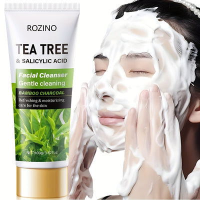[Tea Tree Facial Cleanser] ROZINO Tea Tree & Salicylic Acid Bamboo Charcoal Facial Cleanser - Deep Cleansing, 24h Oil Control, Brightens Skin | 100g, Moisturizing Care, Rich Foam, Smooth & Delicate Facial Skin, Oily Skin, Pht