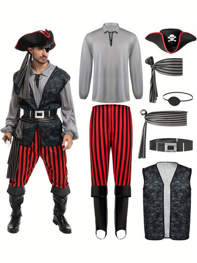 JOYFY Men Pirate Costume, Adult Pirate Shirt Vest Viking Pants Hat Set for Halloween Themed Parties