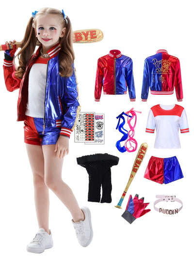 11pcs Halloween Youngsters Cosplay Costume Set with Zip Up Youngsters Top Red And Blue, Movie Cosplay Costume Jacket, Mardi Gras Halloween Party Fancy Suit