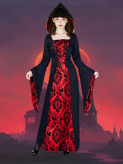 A Long Hooded Print Dress for Girls Featuring Exquisite Digital Prints of a Vampire Costume, Perfect for Halloween Parties And Various Festive Celebrations.