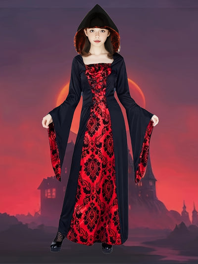 A Long Hooded Print Dress for Girls Featuring Exquisite Digital Prints of a Vampire Costume, Perfect for Halloween Parties And Various Festive Celebrations.