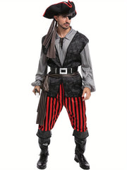 JOYFY Men Pirate Costume, Adult Pirate Shirt Vest Viking Pants Hat Set for Halloween Themed Parties