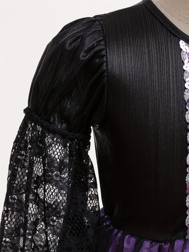 Black Lace Trumpet Sleeve Patchwork Purple Hooded Witch Dress + Witch Hat with Sparkling Sequin Decorations on the Skirt, Suitable for Halloween Gifts for 3-10 Years Old