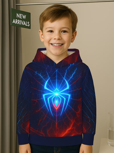 Boys Glow-in-the-Dark Spider Hoodie - Glow-in-the-Dark Spider Graphic, Neon Blue & Red Web Print Pullover Sweatshirt for Kids Ages 5-14, Hooded Superhero for Halloween, Birthday Parties & Everyday Play - Machine Washable Fall