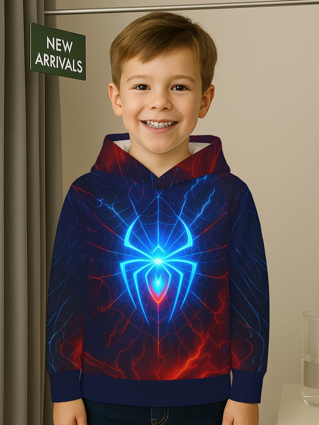 Boys Glow-in-the-Dark Spider Hoodie - Glow-in-the-Dark Spider Graphic, Neon Blue & Red Web Print Pullover Sweatshirt for Kids Ages 5-14, Hooded Superhero for Halloween, Birthday Parties & Everyday Play - Machine Washable Fall
