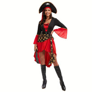 Halloween Costume Makeup Dance Red Pirate Dress Adult Women's Halloween Carnival Pirate Performance Clothes + Belt + Hat