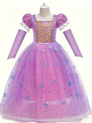 Girls' LED Princess Dress with Glow-in-the-Dark Lights - Magical Purple & Pink Party Ball Gown with Ruffled Sleeves & Layered Skirt for Birthday, Halloween, Christmas Costumes - All-Season Wear, Easy-to-Wear LED Dress for Gir