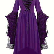 Plus Size, Women's Gothic Plus Size Elegant Witch Dress with Skull & Bat Lace Sleeves, A-Line Floor-Length Formal Halloween Costume, Machine Washable All-Season Party Dress with Belted Waist & Ruffled Hem - Victorian-Style St