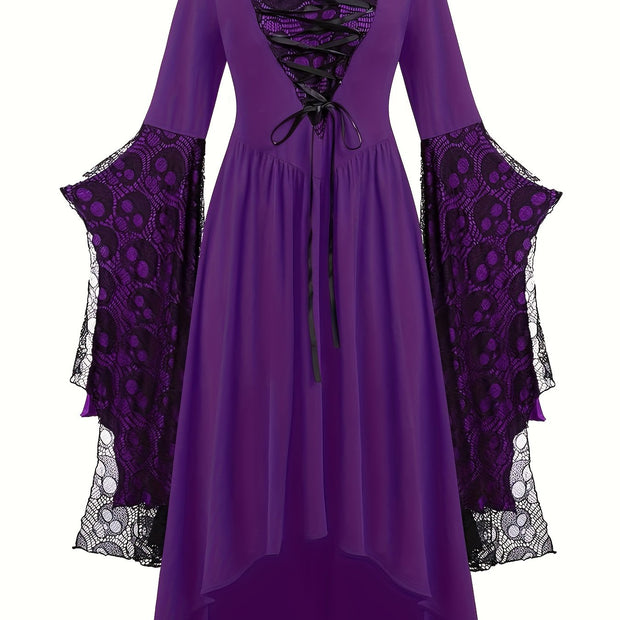 Plus Size, Women's Gothic Plus Size Elegant Witch Dress with Skull & Bat Lace Sleeves, A-Line Floor-Length Formal Halloween Costume, Machine Washable All-Season Party Dress with Belted Waist & Ruffled Hem - Victorian-Style St