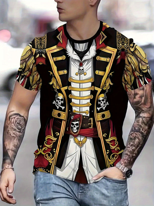 Men'S Pirate Costume Jacket T-Shirt - Plus Size Available - Black & Golden Pirate Skull Graphic, Breathable Quick-Dry Fabric for Halloween, Cosplay, Themed Parties - Lightweight Summer Shirt for Adults, Pirate Costume, Casual