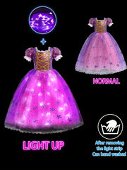 Girls' LED Princess Dress with Glow-in-the-Dark Lights - Magical Purple & Pink Party Ball Gown with Ruffled Sleeves & Layered Skirt for Birthday, Halloween, Christmas Costumes - All-Season Wear, Easy-to-Wear LED Dress for Gir