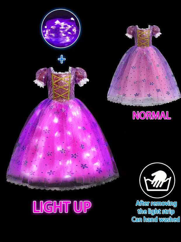 Girls' LED Princess Dress with Glow-in-the-Dark Lights - Magical Purple & Pink Party Ball Gown with Ruffled Sleeves & Layered Skirt for Birthday, Halloween, Christmas Costumes - All-Season Wear, Easy-to-Wear LED Dress for Gir
