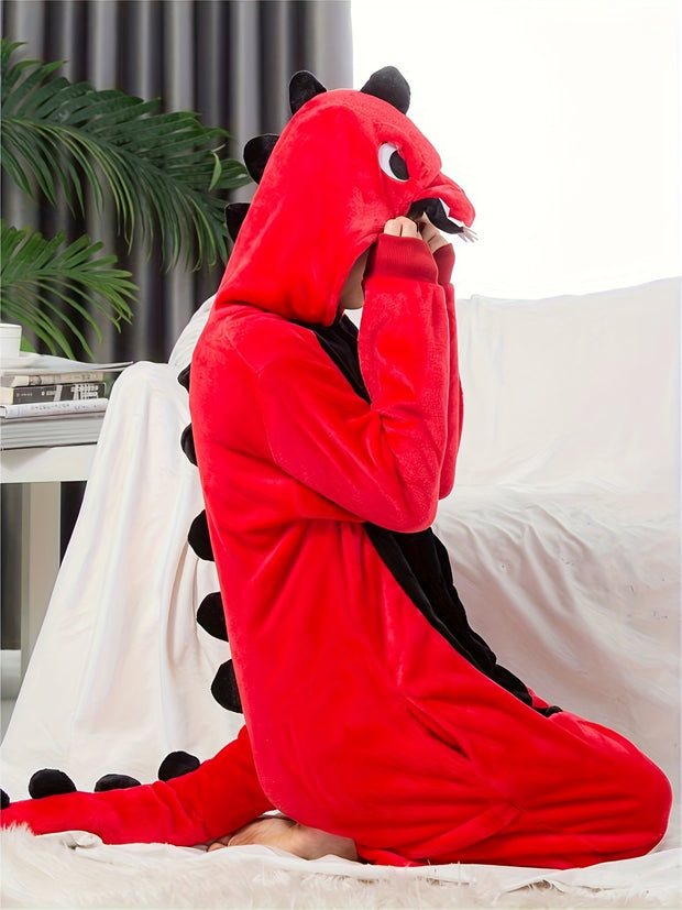 1pc Boys Cozy Dinosaur Hooded Jumpsuit for Halloween Parties, Boys Clothes, family Valentine's Day themed