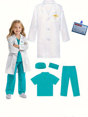 6pcs Set V-neck Top + Pants + Hat + Mask+ Name Card + Embroidered White Coat, Youngers Doctor Nurse Uniform Professional Costume Kindergarten Surgical Suit Role-playing Games Birthday Clothes Performance Party Mardi Gras, Car
