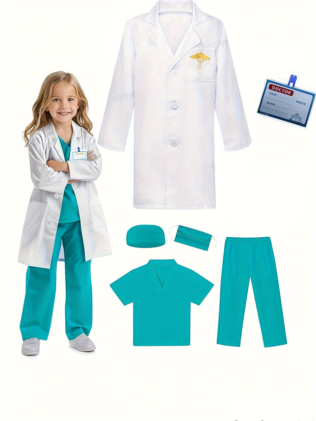 6pcs Set V-neck Top + Pants + Hat + Mask+ Name Card + Embroidered White Coat, Youngers Doctor Nurse Uniform Professional Costume Kindergarten Surgical Suit Role-playing Games Birthday Clothes Performance Party Mardi Gras, Car