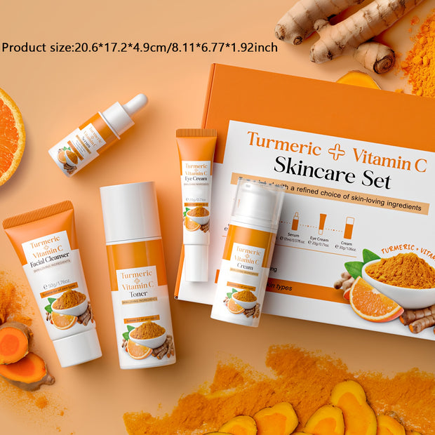 Natural Turmeric & Vitamin C 5pcs Skincare Set, Sensitive Light Beige Friendly, with Cleanser, Toner, Eye Cream, Serum, Moisurizer, Perfect Gift for Women, Affordable Beauty Gift Set, Best for Christmas, Perfect for Thanksgiv