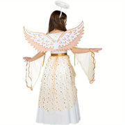 SYNCFUN Halloween Angel Costume for Girls - Golden & White Polyester Dress with Wings, Belt, and Tulle Skirt for Halloween RolePlay Themed Parties, Halloween Costume, Halloween Party Attire, Decorative Belt, Smooth Texture Fa