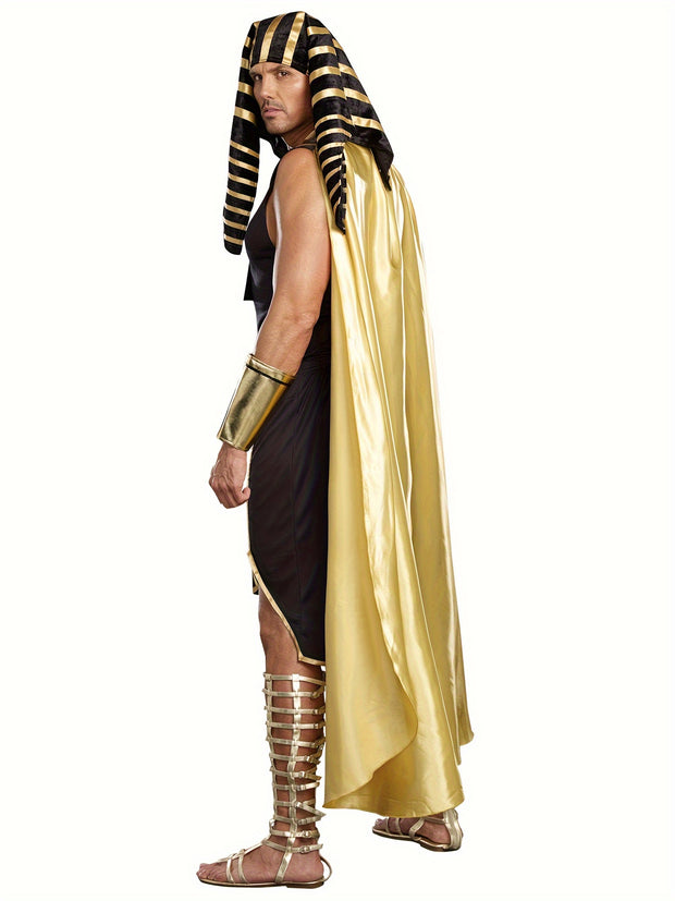 Men Egyptian Costume Set, 7 Pcs Golden Trim Tank Tops Skirt Arm Sleeves Headwear Necklace Halloween Cosplay Outfits