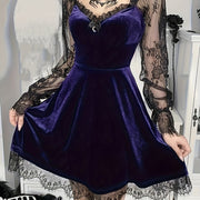 Halloween Waist-Cinching Dress, Gothic Dark Style Contrast Lace Long-Sleeve A-Line Party Performance Costume