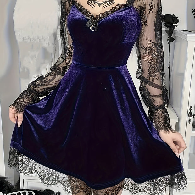 Halloween Waist-Cinching Dress, Gothic Dark Style Contrast Lace Long-Sleeve A-Line Party Performance Costume