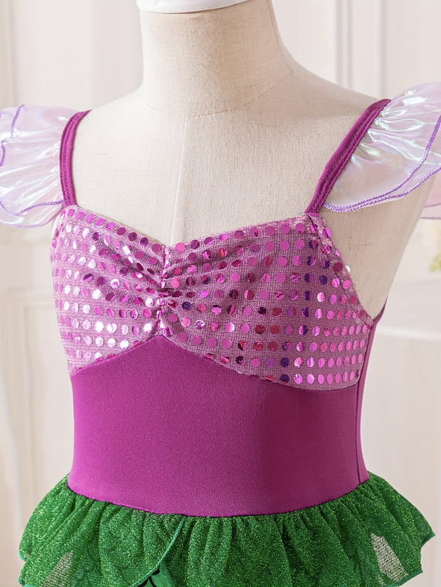 Mermaid Princess Dress with Fish Scale Print, Featuring Flutter Sleeves And a Strap Design, Perfect for Princess Parties And As a Gift for Festivals.