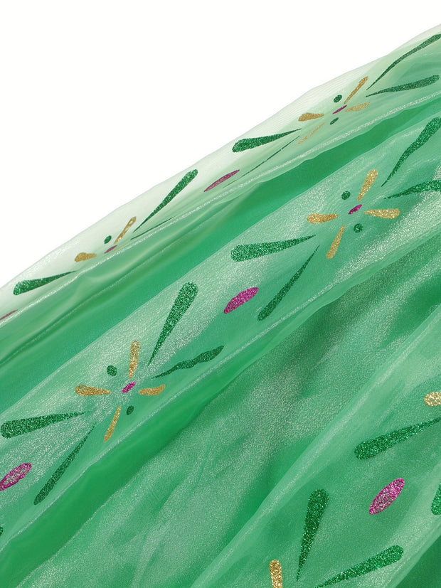 Girls' Bubble Sleeve Mesh Patchwork Print Dress, Long Princess Gown for Birthday Party, Christmas, Halloween Carnival, and Costume Ball