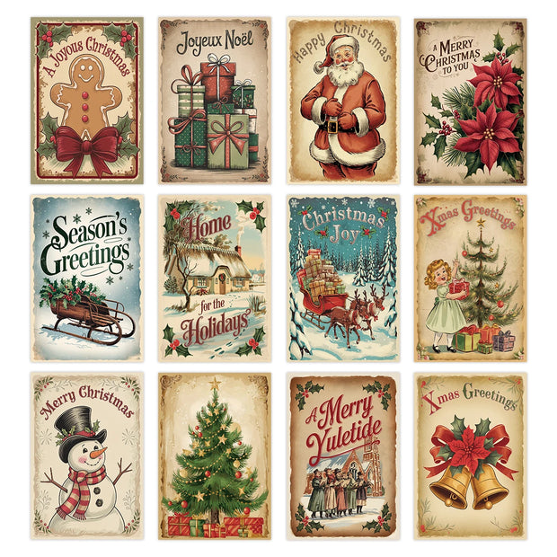 Vintage Christmas Blessing Cards with Santa&Reindeer,12pc Merry Christmas Postcard Set,Retro Xmas Gift Cards with Christmas Tree