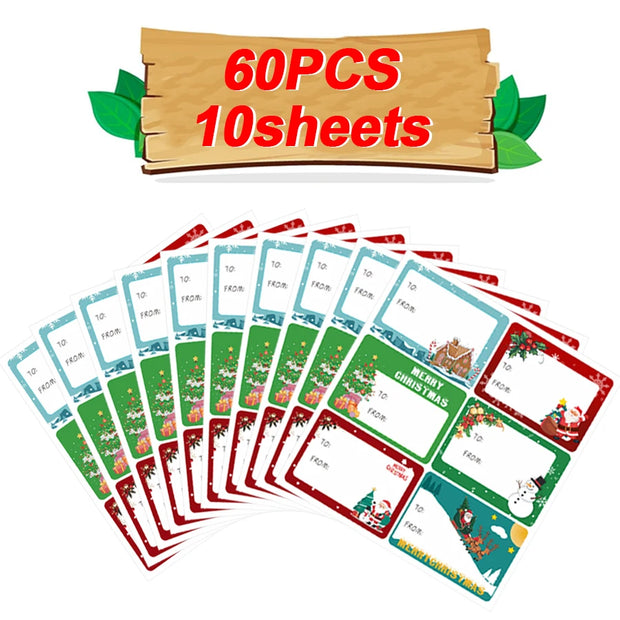 60 Pcs Merry Christmas Gift Tag Stickers – Self-Adhesive Writable Labels with Holiday Patterns for Gift Wrapping, Packaging.