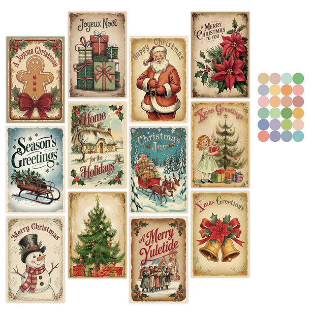 Vintage Christmas Blessing Cards with Santa&Reindeer,12pc Merry Christmas Postcard Set,Retro Xmas Gift Cards with Christmas Tree