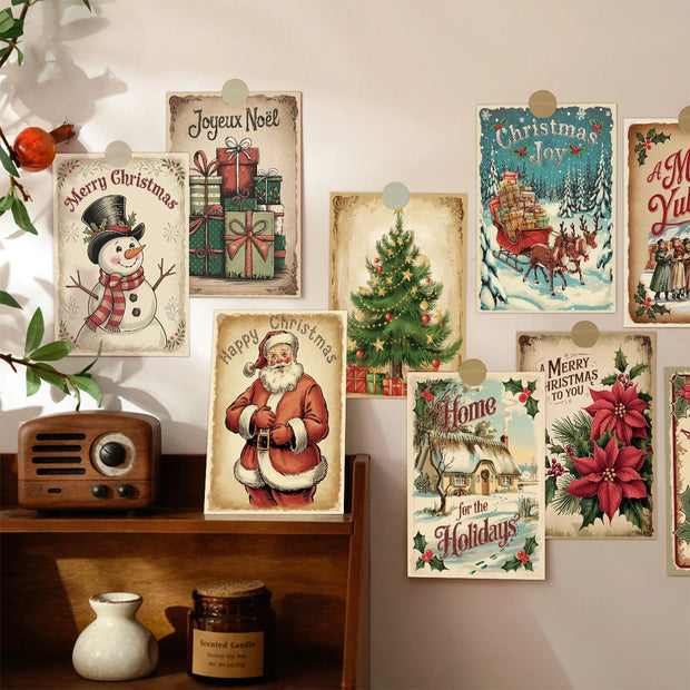 Vintage Christmas Blessing Cards with Santa&Reindeer,12pc Merry Christmas Postcard Set,Retro Xmas Gift Cards with Christmas Tree