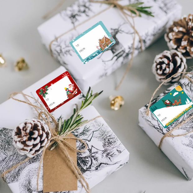 60 Pcs Merry Christmas Gift Tag Stickers – Self-Adhesive Writable Labels with Holiday Patterns for Gift Wrapping, Packaging.