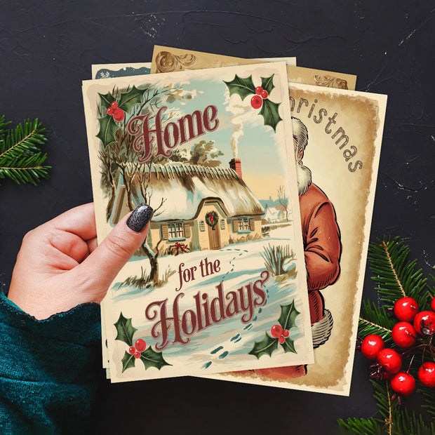 Vintage Christmas Blessing Cards with Santa&Reindeer,12pc Merry Christmas Postcard Set,Retro Xmas Gift Cards with Christmas Tree