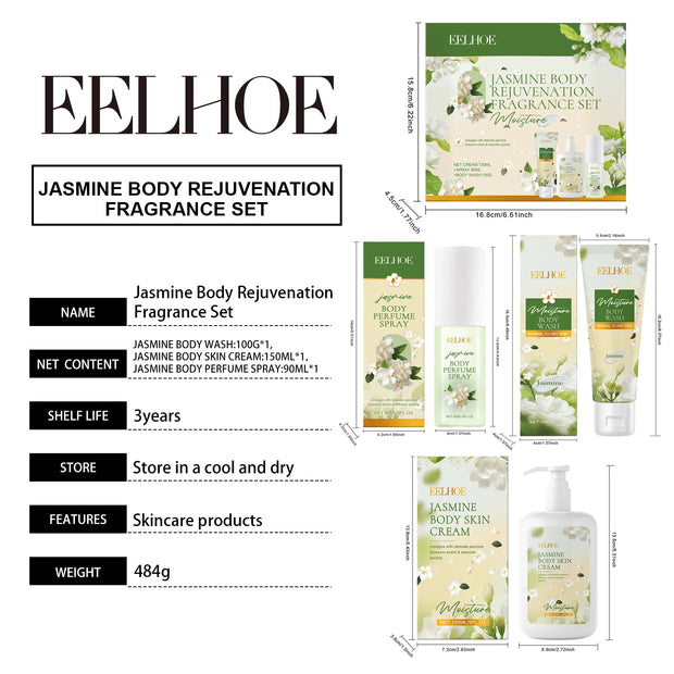 Eelhoe 1set Jasmine Scent Body Care Set Skin Clean Shower Gel Perfume Spray Moisturizer Body Lotion Smooth Skin Brightening Set