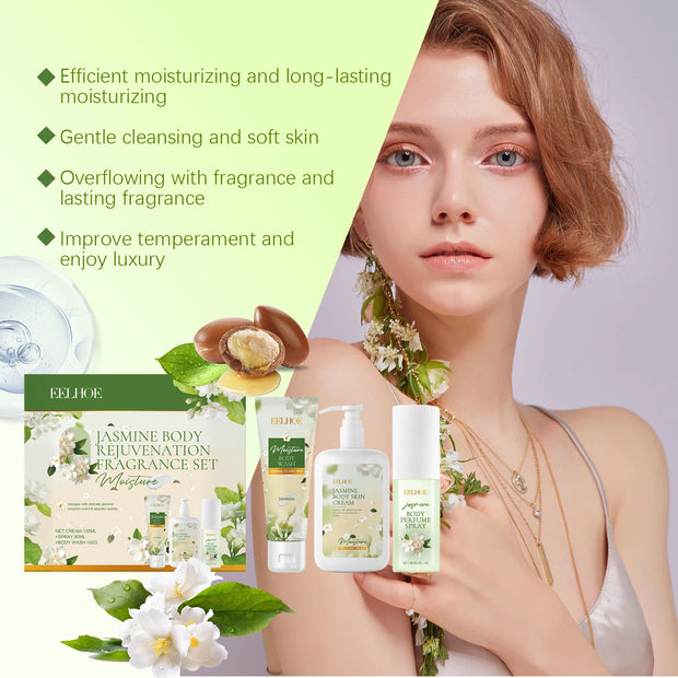 Eelhoe 1set Jasmine Scent Body Care Set Skin Clean Shower Gel Perfume Spray Moisturizer Body Lotion Smooth Skin Brightening Set