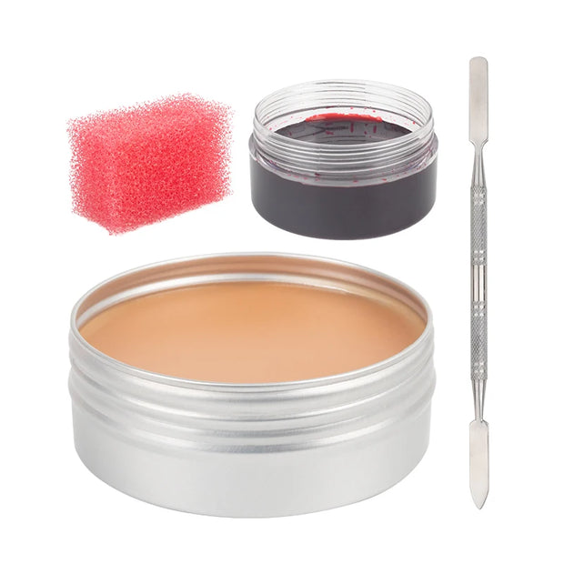2/4/5PCS SFX Makeup Set Special Effect Halloween Party Wound Scar Wax Makeup with Spatula Sponge to Create a Blood Splash Shape