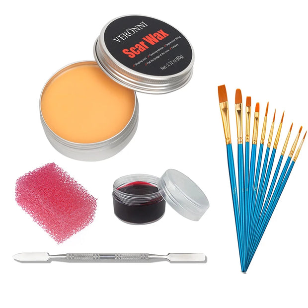 2/4/5PCS SFX Makeup Set Special Effect Halloween Party Wound Scar Wax Makeup with Spatula Sponge to Create a Blood Splash Shape