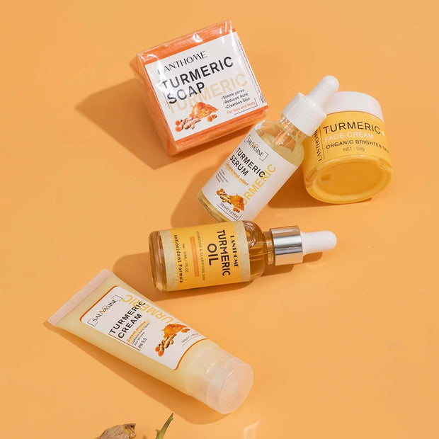 Turmeric Face Care Sets Turmeric Facial Acne Cleansing Cream Fade Dark Spots Turmeric Serum Anti-Aging Skin Moisturizing 5pcs