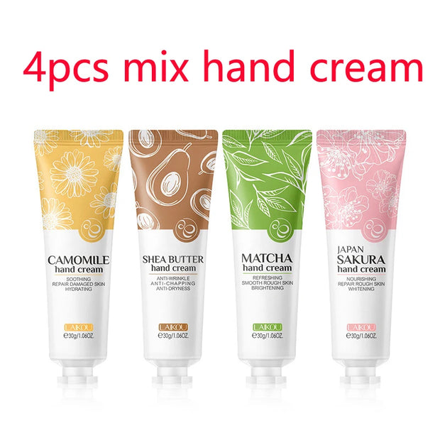 4pcs Deep Moisturizing Refreshing Hand Cream Sakura Matcha Shea Butter Chamomile Gentle Soften Keratin Improve Dry Body Lotion