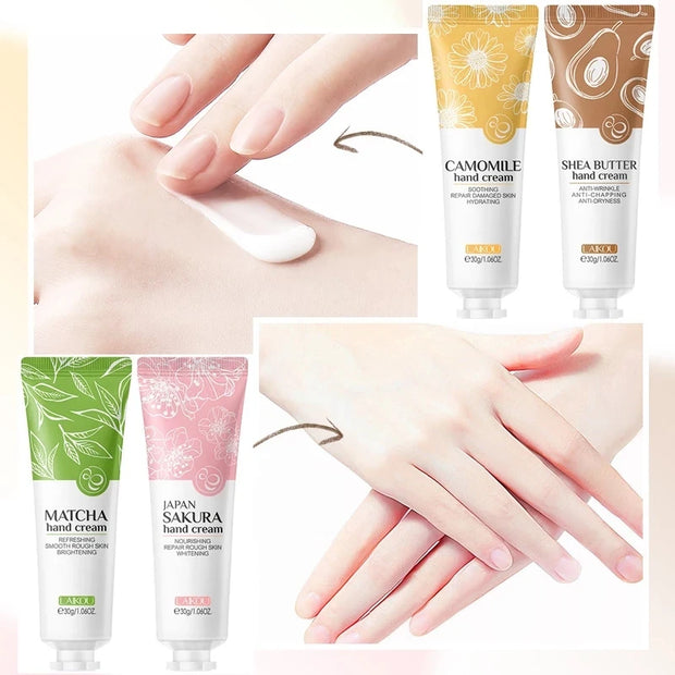 4pcs Deep Moisturizing Refreshing Hand Cream Sakura Matcha Shea Butter Chamomile Gentle Soften Keratin Improve Dry Body Lotion
