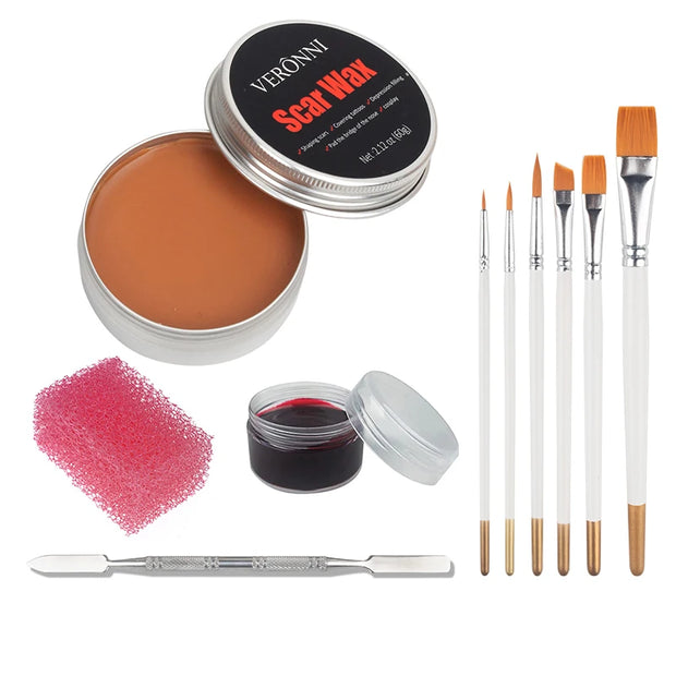 2/4/5PCS SFX Makeup Set Special Effect Halloween Party Wound Scar Wax Makeup with Spatula Sponge to Create a Blood Splash Shape