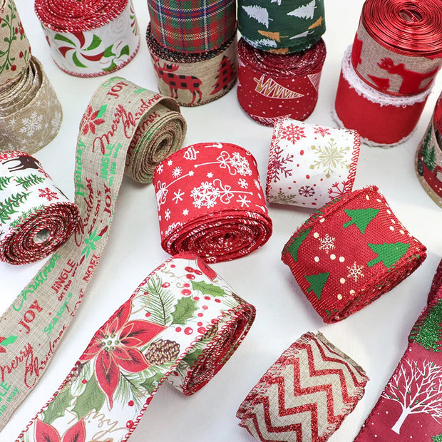 63mm Red Green Christmas Burlap Jute Ribbon Roll Wired Edge Wedding Decoration Gift Packing DIY Sewing Accessories Webbing