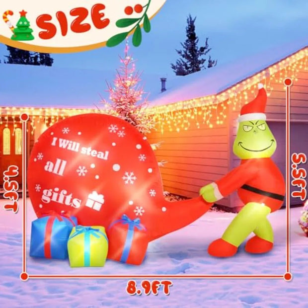 Christmas Green Big Monster Inflatable Decorations 5.5FT Lighted Up Outdoor Inflatable Decor with Builtin 8 LED Lights for Gard