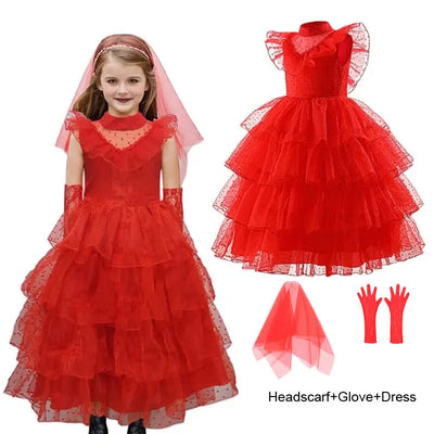 Lydia Deetz Costume For Girl Red Weeding Dress Halloween Beetlejuice Child Up Party Tunic+Headscarf+Glove Set Frock