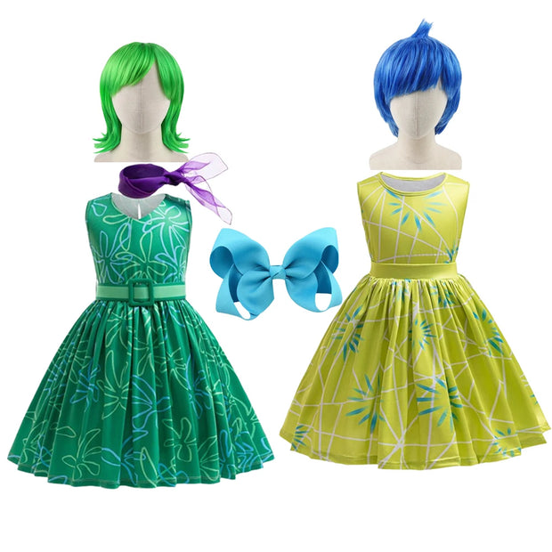 Inside Out Joy Cosplay Costume Princess Dress+Wig+Hairpin For Kids Girls Halloween Carnival Birthday Happiness Dress Up