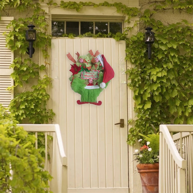 Christmas Thief Wreath for Front Door Green Elf Legs Christmas Wreath Hanging Welcome Sign Home Decoration Indoor Outdoor