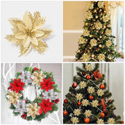 Christmas tree Flower Artificial Glitter Flowers Poinsettia Xmas Tree Ornament Garland golden Flowers adorn Christmas Party deco