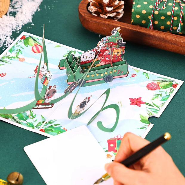 1pc Merry Christmas Pop-Up Card, Christmas Tree Woodland Reindeer Cardinal Poinsettia Greeting Card with Note Card and Envelop